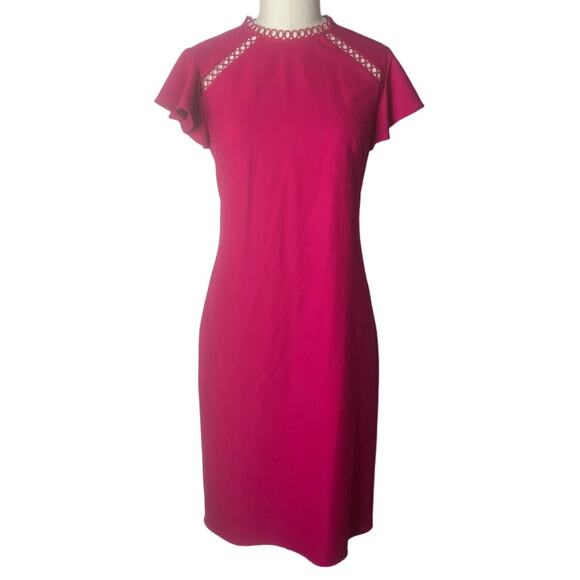 Shoshanna Fuschia Circle Eyelet Trim Flutter Sleeve Sheath Dress Size 6 - Picture 1 of 5